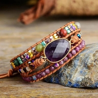 Triple-Layer Amethyst Leather Wrap Bracelet - Handmade Bohemian Statement Jewelry