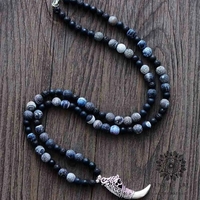 Men's Handmade Matte Onyx and Lava Stone Necklace with Antique Dragon Tusk Pendant - Steampunk Natural Stone Jewelry