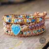 Handmade Natural Stone Heart Shape Crystal Opal Charm 3 Strands Leather Wrap Bracelet