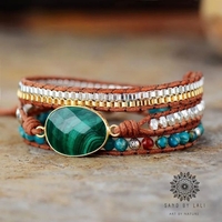 Ethnic Multi-Strand Malachite Leather Wrap Bracelet - Handmade Bohemian Jewelry