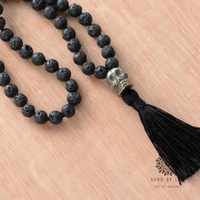 Men's Handmade Lava Stone Necklace with Pyrite Skull Pendant and Tassel