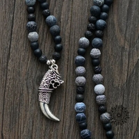 Men's Handmade Matte Onyx and Lava Stone Necklace with Antique Dragon Tusk Pendant - Steampunk Natural Stone Jewelry