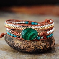 Ethnic Multi-Strand Malachite Leather Wrap Bracelet - Handmade Bohemian Jewelry