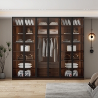 ארון בגדים 6 דלתות זכוכית עם תאורת LED רוחב 240 סדרת איטליה דגם רומא חום כהה | מבית WOODY
