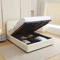 מיטה זוגית מעוצבת בריפוד בד בוקלה עם ארגז מצעים מעץ דגם נוגה שמנת