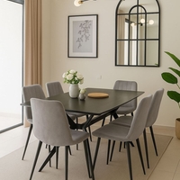 פינת אוכל מקרמיקה דגם טוסקנה 140X80 עם 6 כיסאות קטיפה בגוון אפור בהיר דגם ריביירה