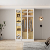 ארון בגדים 3 דלתות זכוכית עם תאורת LED רוחב 120 סדרת איטליה דגם טורינו לבן משולב עץ טבעי | מבית WOODY