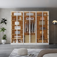 ארון בגדים 6 דלתות זכוכית עם תאורת LED רוחב 240 סדרת איטליה דגם רומא לבן משולב עץ טבעי | מבית WOODY