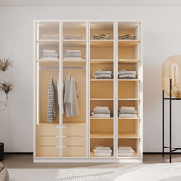 ארון בגדים 4 דלתות זכוכית עם תאורת LED דגם קופנהגן לבן משולב עץ טבעי | מבית WOODY