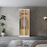 ארון בגדים 2 דלתות זכוכית עם תאורת LED רוחב 80 דגם מילאנו לבן משולב עץ טבעי | מבית WOODY