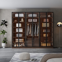 ארון בגדים 6 דלתות זכוכית עם תאורת LED רוחב 240 סדרת איטליה דגם רומא חום כהה | מבית WOODY