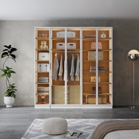 ארון בגדים 5 דלתות זכוכית עם תאורת LED רוחב 200 סדרת איטליה דגם לוקה לבן משולב עץ טבעי | מבית WOODY