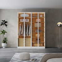 ארון בגדים 4 דלתות זכוכית עם תאורת LED רוחב 160 סדרת איטליה דגם פיזה לבן משולב עץ טבעי | מבית WOODY