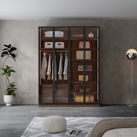 ארון בגדים 4 דלתות זכוכית עם תאורת LED רוחב 160 סדרת איטליה דגם פיזה חום כהה | מבית WOODY