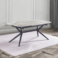 שולחן אוכל אבן קרמית באורך 1.8 מ' נפתח ל- 2.4 מ' עם רגלי ברזל דגם חץ אפור מבריק