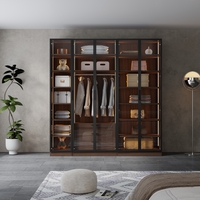 ארון בגדים 5 דלתות זכוכית עם תאורת LED רוחב 200 סדרת איטליה דגם לוקה חום כהה | מבית WOODY