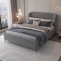 מיטה זוגית מעוצבת ריפוד בד בוקלה עם ארגז מצעים מעץ דגם בובה אפור