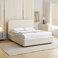 מיטה זוגית מעוצבת בריפוד בד בוקלה עם ארגז מצעים מעץ דגם נוגה שמנת