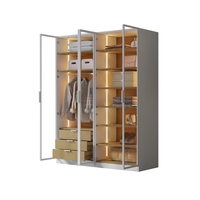 ארון בגדים 4 דלתות זכוכית עם תאורת LED רוחב 160 סדרת איטליה דגם פיזה לבן משולב עץ טבעי | מבית WOODY