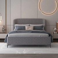 מיטה זוגית מעוצבת ריפוד בד בוקלה עם ארגז מצעים מעץ דגם בובה אפור