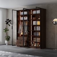 ארון בגדים 4 דלתות זכוכית עם תאורת LED רוחב 160 סדרת איטליה דגם פיזה חום כהה | מבית WOODY