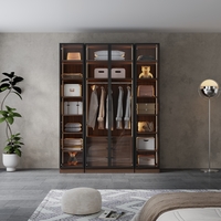 ארון בגדים 4 דלתות זכוכית עם תאורת LED רוחב 160 סדרת איטליה דגם נאפולי חום כהה | מבית WOODY