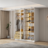 ארון בגדים 4 דלתות זכוכית עם תאורת LED רוחב 160 סדרת איטליה דגם פיזה לבן משולב עץ טבעי | מבית WOODY