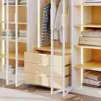 ארון בגדים 6 דלתות זכוכית עם תאורת LED דגם קופנהגן לבן משולב עץ טבעי | מבית WOODY