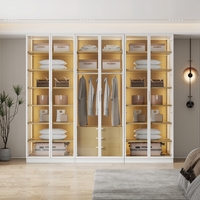 ארון בגדים 6 דלתות זכוכית עם תאורת LED רוחב 240 סדרת איטליה דגם רומא לבן משולב עץ טבעי | מבית WOODY