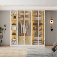 ארון בגדים 5 דלתות זכוכית עם תאורת LED רוחב 200 סדרת איטליה דגם לוקה לבן משולב עץ טבעי | מבית WOODY