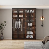 ארון בגדים 4 דלתות זכוכית עם תאורת LED רוחב 160 סדרת איטליה דגם פיזה חום כהה | מבית WOODY