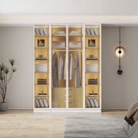 ארון בגדים 4 דלתות זכוכית עם תאורת LED רוחב 160 סדרת איטליה דגם נאפולי לבן משולב עץ טבעי | מבית WOODY