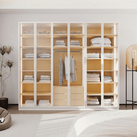 ארון בגדים 4 דלתות זכוכית עם תאורת LED דגם קופנהגן לבן משולב עץ טבעי | מבית WOODY