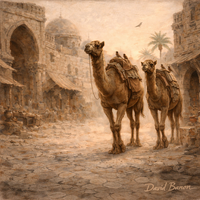 תמונת קנבס אומנותית גמלים בעיר עתיקה