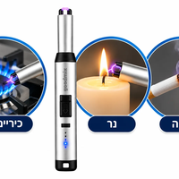 מצית אלקטרוני נטען Goodmix בצבע כסוף, עם הדגמת שימוש להדלקת כיריים גז, נר וסיגריה. העתק ALT