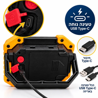 פרוז'קטור נייד נטען GoodMix עם חיבור טעינה USB Type-C בגב המוצר, מכסה הגנה אדום ומעמד מתקפל.