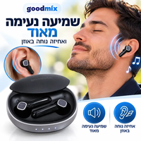 ALT: אוזניות בלוטוס Goodmix BE62 עם שמיעה נעימה במיוחד ואחיזה נוחה באוזן, בעיצוב אלגנטי לשימוש יומיומי.