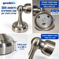 ALT: מעצור דלת מגנטי Goodmix מנירוסטה 304 – מבט פנימי על בסיס המעצור, דופן מתכת עבה וגימור נירוסטה איכותי.
