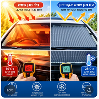 ALT: המחשת יעילות מגן שמש אקורדיון לרכב GoodMix בהפחתת התחממות הרכב ובהגנה מפני קרני השמש.
