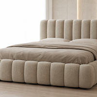 Modern Beige Boucle Channel-Tufted Bed Frame