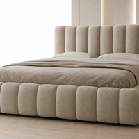 Modern Beige Boucle Channel-Tufted Bed Frame