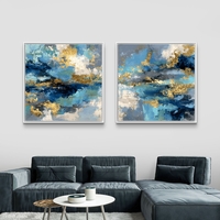 סט תמונות קנבס מודרניות כחול וזהב לעיצוב סלון יוקרתי