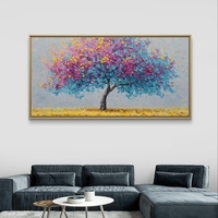 תמונת קנבס לרוחב של עץ פורח בצבעי ורוד ותכלת בסגנון אומנותי לעיצוב הבית