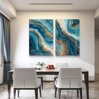 תמונת זכוכית זוגית בעיצוב אבסטרקט בגווני טורקיז, כחול וזהב עם זרימה טבעית