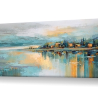 תמונת קנבס פנורמית אבסטרקטית עם קו אופק, השתקפות מים וגווני כחול, תכלת וזהב בעיצוב רגוע ויוקרתי