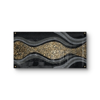 תמונת זכוכית רוחבית בגווני שחור ואפור עם מסלול אבני זהב מעוצב – תכשיט לבית