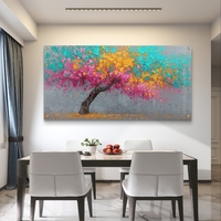 תמונת זכוכית לרוחב עם עץ צבעוני בגווני ורוד טורקיז וצהוב בעיצוב מודרני לסלון