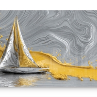 תמונת זכוכית מודרנית עם סירת מפרש כסופה וזרימות צבע זהב על רקע אפור, בעיצוב יוקרתי ובהדפסה חלקה ומבריקה.