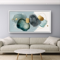 תמונת קנבס לרוחב בסגנון אקוורל בגווני טורקיז אפור וכחול עם נגיעות זהב עדינות – תכשיט לבית