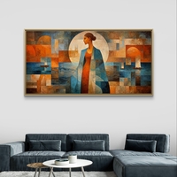 תמונת קנבס לרוחב עם דמות נשית אבסטרקטית בגווני כחול וכתום בעיצוב אומנותי מודרני לסלון